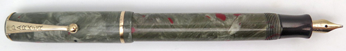 ITEM #6577: CANDADIAN PARKER FOUNTAIN PEN IN GREY MARBLE WITH RED VEINS. DEPRESSION-ERA TASSIE & JEWEL. ENGLISH-MADE 14K NIB IN BROAD.