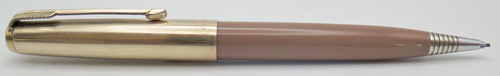 ITEM #6697: PARKER 51 PENCIL IN COCOA WITH GOLD FILLED CAP. This pencil is a cap actuated push type pencil that went with the Aerometric style fountain pen. No dents or dings in the metal. Demi size 51 Repeater pencil.