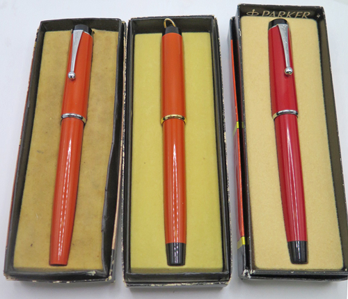 ITEM #6731: LOT OF 3 PARKER BIG RED PENS IN BOX. PENS WORK.