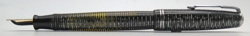 ITEM #6756: PARKER VACUMATIC FOUNTAIN PEN & STANDARD PENCIL SET IN BOX. BLACK + GREY LAMINATED. DOUBLE JEWEL. NICKEL PLATED TRIM.