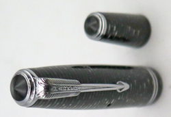 ITEM #6756: PARKER VACUMATIC FOUNTAIN PEN & STANDARD PENCIL SET IN BOX. BLACK + GREY LAMINATED. DOUBLE JEWEL. NICKEL PLATED TRIM.