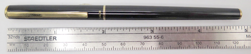 ITEM #6834: SAILOR ULTRA SLIM CHALANA FOUNTAIN PEN IN BLACK LACQUER. FINE SAILOR NIB "TIGP MADE IN JAPAN". BLACK DOUBLE JEWEL. GOLD PLATED TRIM. NEW OLD STOCK IN BOX. COMES WITH SLIM CARTRIGE PACK OF 4 IN BLACK.