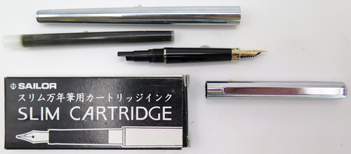ITEM #6835: SAILOR ULTRA SLIM CHALANA FOUNTAIN PEN IN BRUSHED CHROME. BLUE DOUBLE JEWEL. 14K F "SAILOR" NIB. NEW OLD STOCK IN BOX. Part #11-0318.