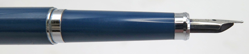 ITEM #6837: SAILOR SLIM CHALANA FOUNTAIN PEN + PENCIL IN BLUE. CHROME TRIM. STEEL "SAILOR MADE IN JAPAN" NIB IN FINE. DOUBLE JEWELS IN BLUE. IMPACT PENCIL WITH CLEAN ERASER