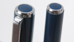 ITEM #6837: SAILOR SLIM CHALANA FOUNTAIN PEN + PENCIL IN BLUE. CHROME TRIM. STEEL "SAILOR MADE IN JAPAN" NIB IN FINE. DOUBLE JEWELS IN BLUE. IMPACT PENCIL WITH CLEAN ERASER