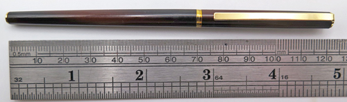 ITEM #6838: SAILOR CHALANA ULTRA SLIM IN BROWN LACQUER W BLACK SECTION + JEWELS, 14K "SAILOR" NIB IN EXTRA FINE. GOLD PLATED TRIM. 