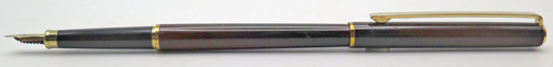 ITEM #6838: SAILOR CHALANA ULTRA SLIM IN BROWN LACQUER W BLACK SECTION + JEWELS, 14K "SAILOR" NIB IN EXTRA FINE. GOLD PLATED TRIM. 
