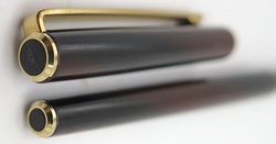 ITEM #6838: SAILOR CHALANA ULTRA SLIM IN BROWN LACQUER W BLACK SECTION + JEWELS, 14K "SAILOR" NIB IN EXTRA FINE. GOLD PLATED TRIM. 