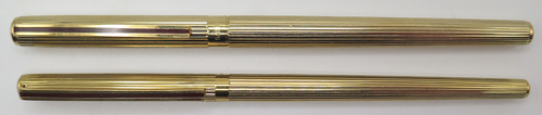 ITEM #6839: SAILOR CHALANA FOUNTAIN PEN + BALLPOINT SET IN GOLD STRIPE. BURGUNDY SECTION, JEWELS + CLIP STRIPE. FINE GOLD NIB WITH IMPRINT "SAILOR TIGP MADE IN JAPAN".