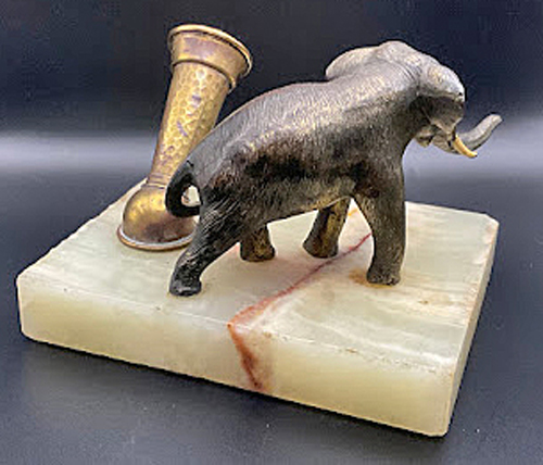 ITEM #6851: PARKER LIGHT COLORED ONYX MARBLE DESK BASE WITH BRASS ELEPHANT. BRASS PEN HOLDER. DIMENSION OF DESK BASE IS 5.5"x 3.5" x 4.33 INCHES.