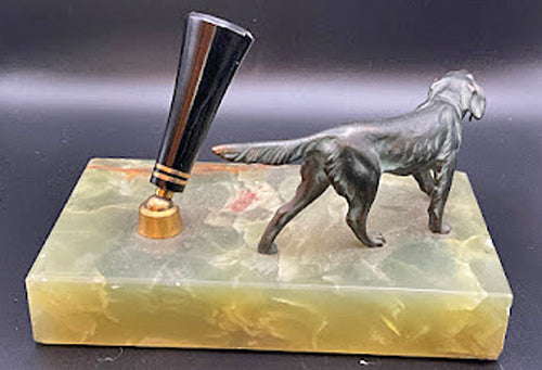 PARKER PEN BASE: MARBLE WITH BRONZE FIGURINE OF DOG RETRIEVING DUCK